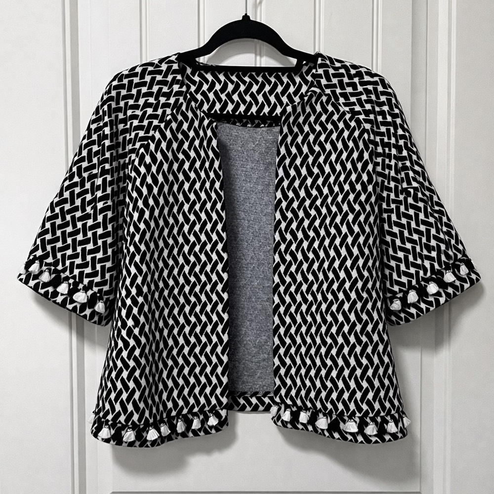 Tribal Black & White Open-Front Patterned Knit Cardigan